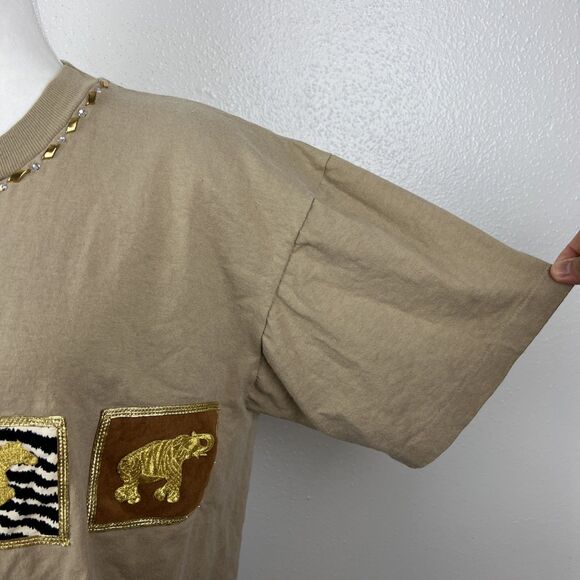 Vintage Clodia Dee Shirt Women Medium Brown Gold Cotton Animal Embroidered Tee - Picture 10 of 16